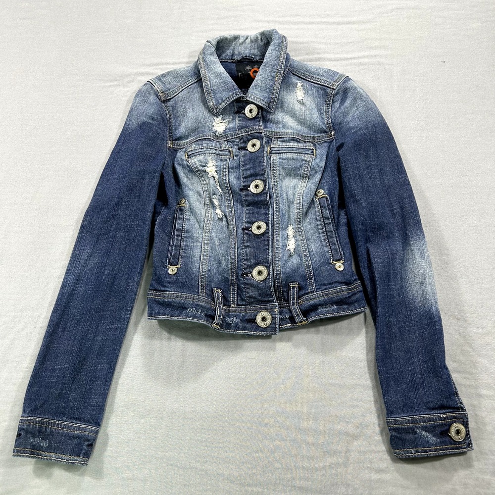 Guess Denim Jacket Womens XS Blue Cropped Button Up Jean Biker Trucker Ladies